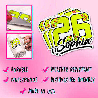 Custom softball sticker with a neon yellow stitched number and black script name – view 4