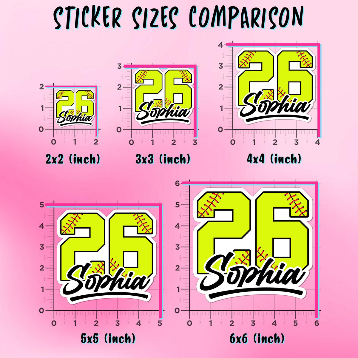Custom softball sticker with a neon yellow stitched number and black script name – view 2