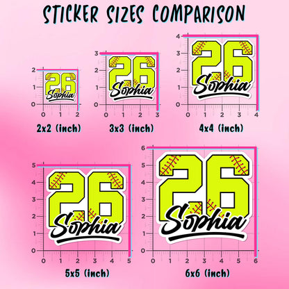 Custom softball sticker with a neon yellow stitched number and black script name – view 2
