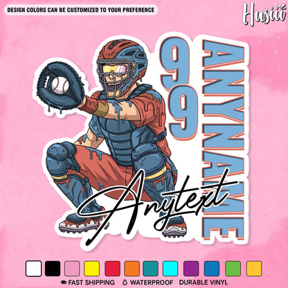 Custom baseball catcher sticker with a vertical name and number