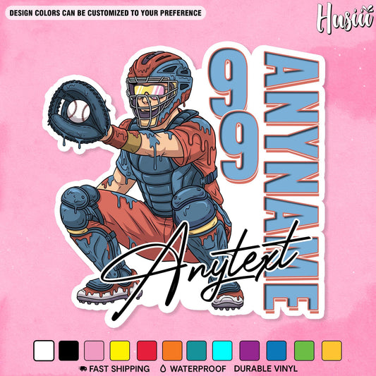 Custom baseball catcher sticker with a vertical name and number