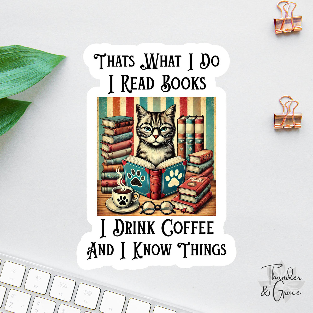 Thats What I Do I Read Books I Drink Coffee and I Know Things sticker, funny cat books coffee