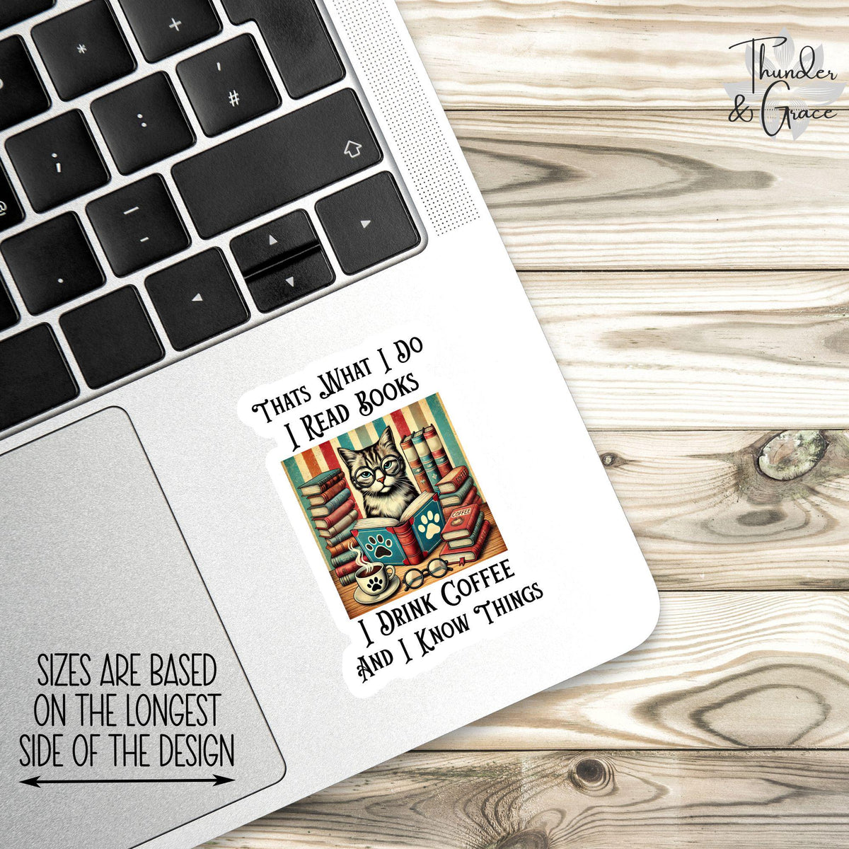 Thats What I Do I Read Books I Drink Coffee and I Know Things sticker, funny cat books coffee – view 2