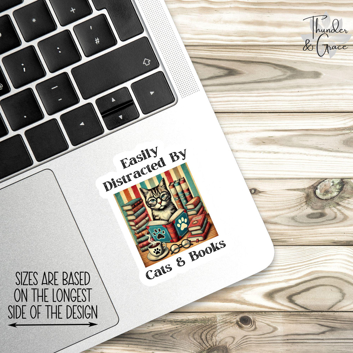Easily Distracted by Cats and Books sticker, funny cat books coffee – view 2