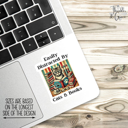 Easily Distracted by Cats and Books sticker, funny cat books coffee – view 2