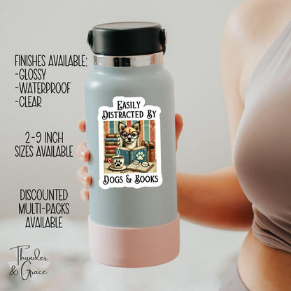 Easily Distracted by Dogs and Books sticker, funny dog books coffee – view 3