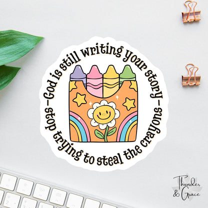 God Is Still Writing Your Story sticker, retro floral