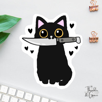 Funny Cat with Knife sticker, halloween cat