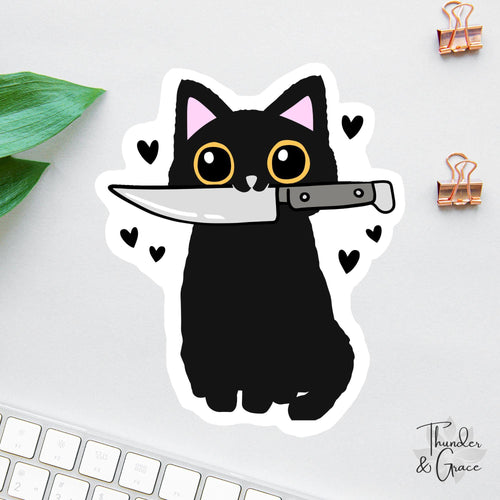 Funny Cat with Knife sticker, halloween cat