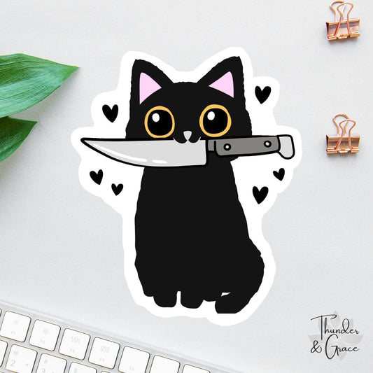 Funny Cat with Knife sticker, halloween cat