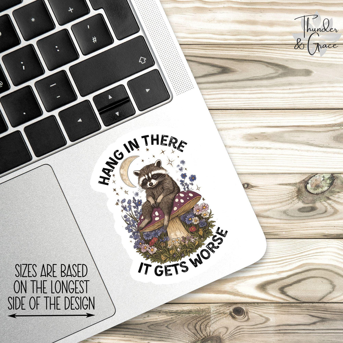 Hang in There It Gets Worse sticker, vintage raccoon – view 2