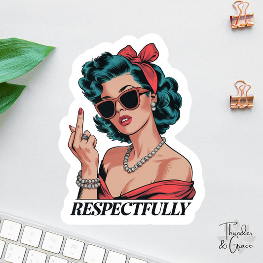 Respectfully sticker, retro pin-up girl