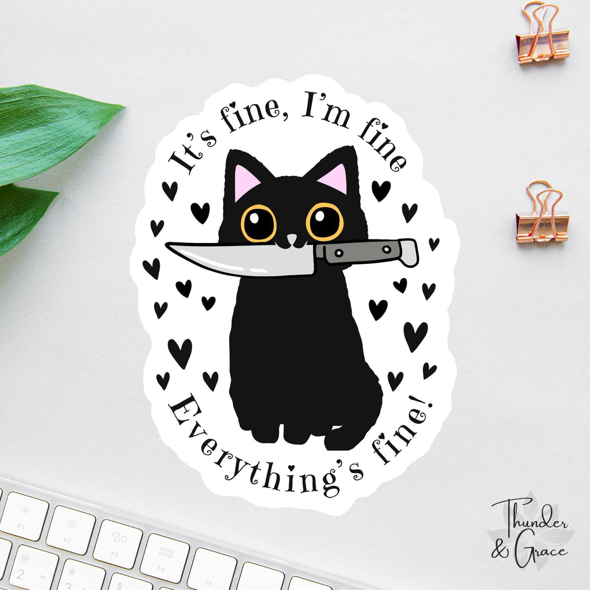 I'm Fine Everything's Fine sticker, black cat with knife