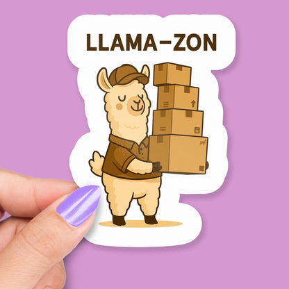 Llama-zon sticker, cute llama delivery pun