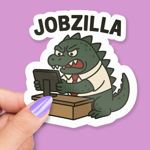 Jobzilla sticker, funny giant monster work pun