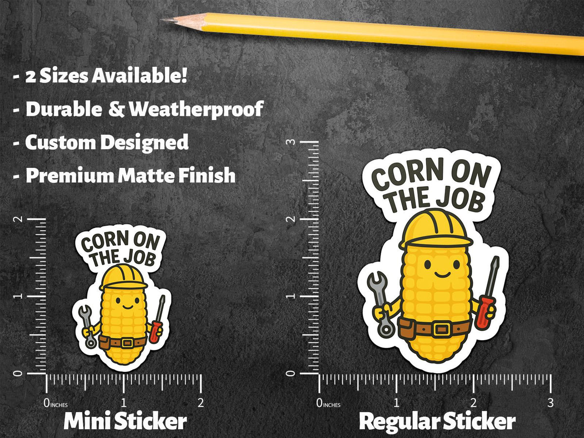 Corn on the Job sticker, funny corn pun with hardhat and tools – view 2