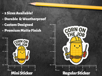 Corn on the Job sticker, funny corn pun with hardhat and tools – view 2