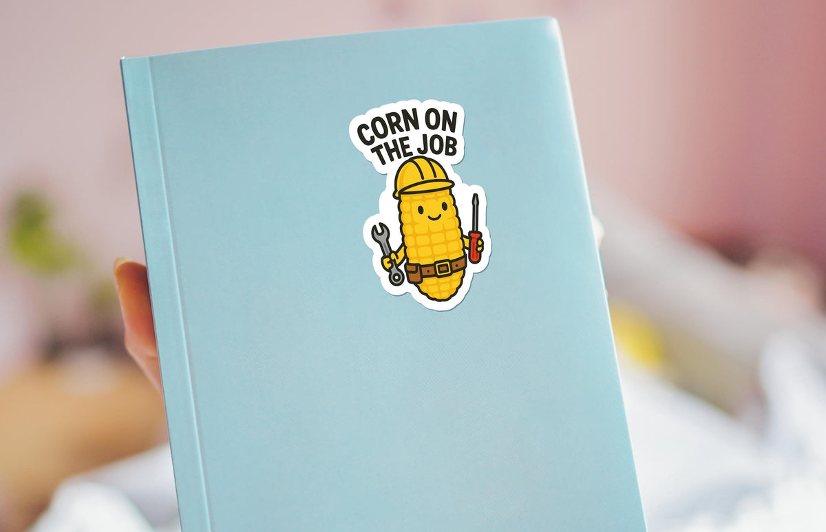 Corn on the Job sticker, funny corn pun with hardhat and tools – view 3