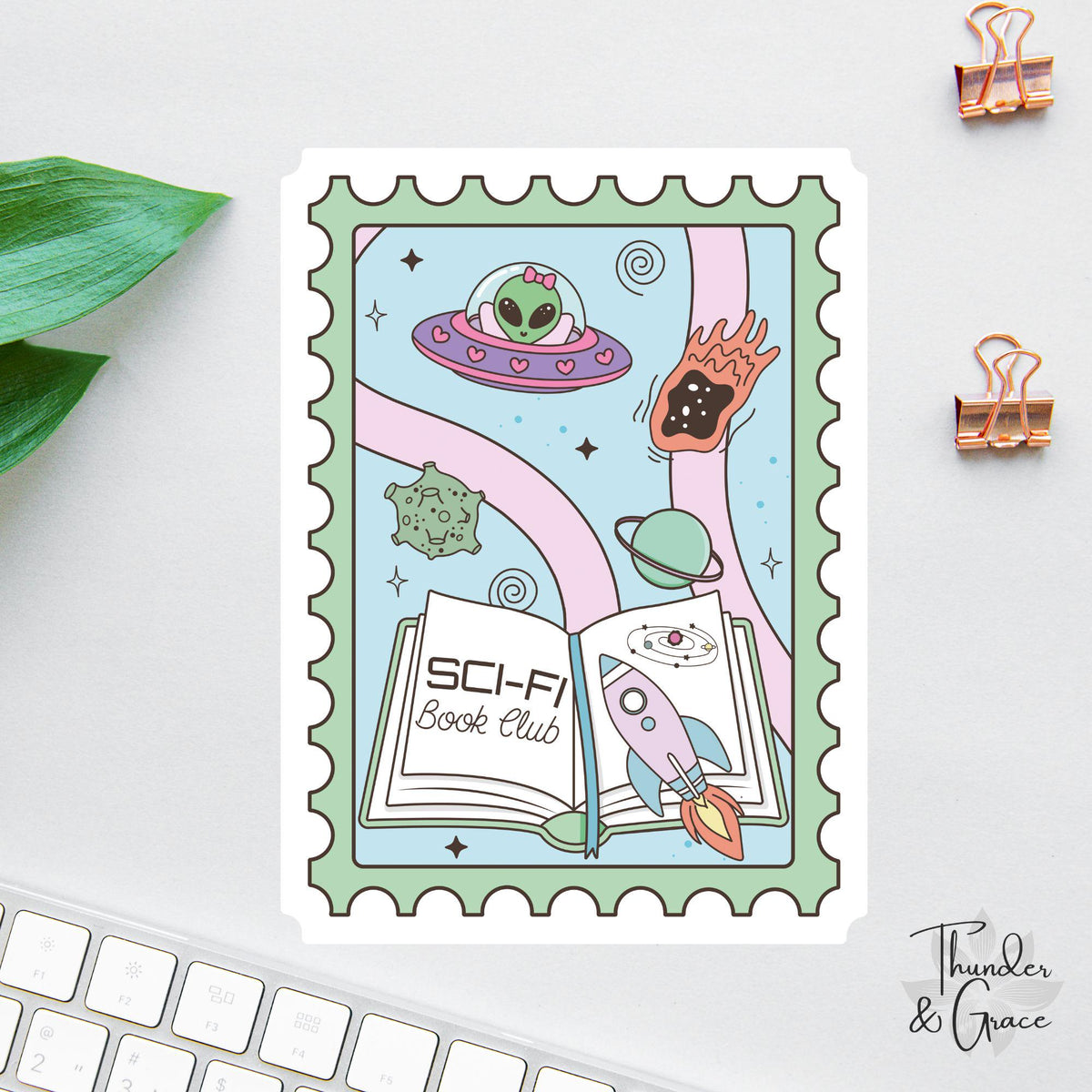 Sci-fi Book Stamp sticker, sci-fi book club