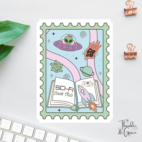 Sci-fi Book Stamp sticker, sci-fi book club