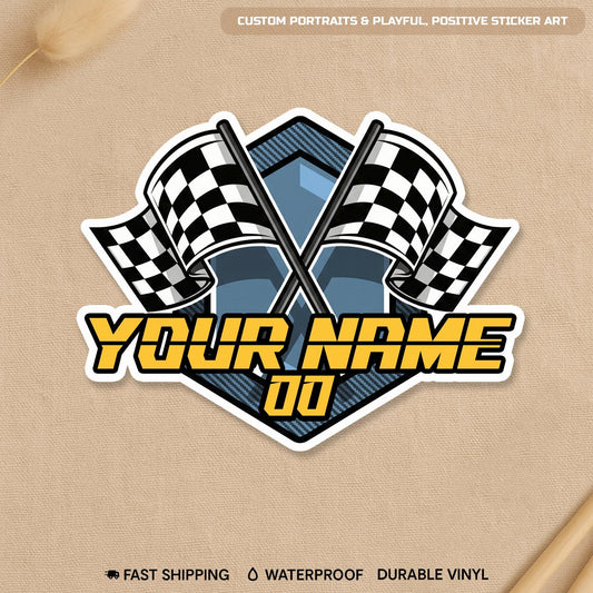 Custom checkered flag letters sticker with a name and number