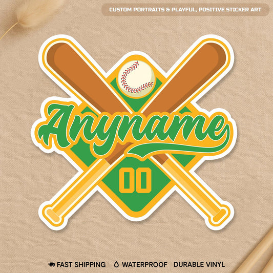 Custom baseball sticker with crossed bats, a diamond and a name and number