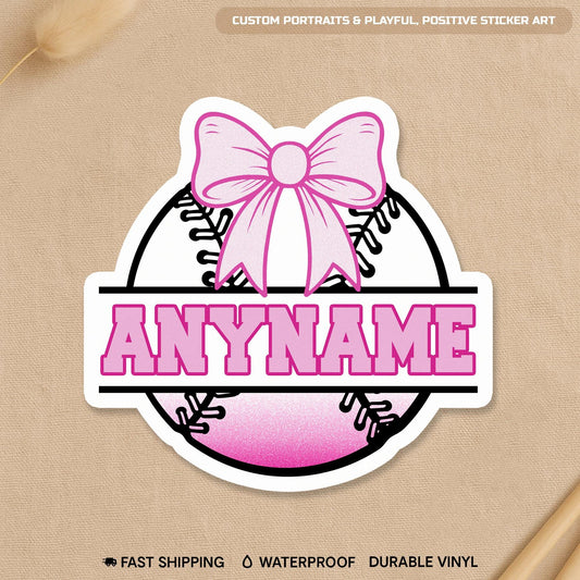 Custom coquette bow baseball name sticker in pink