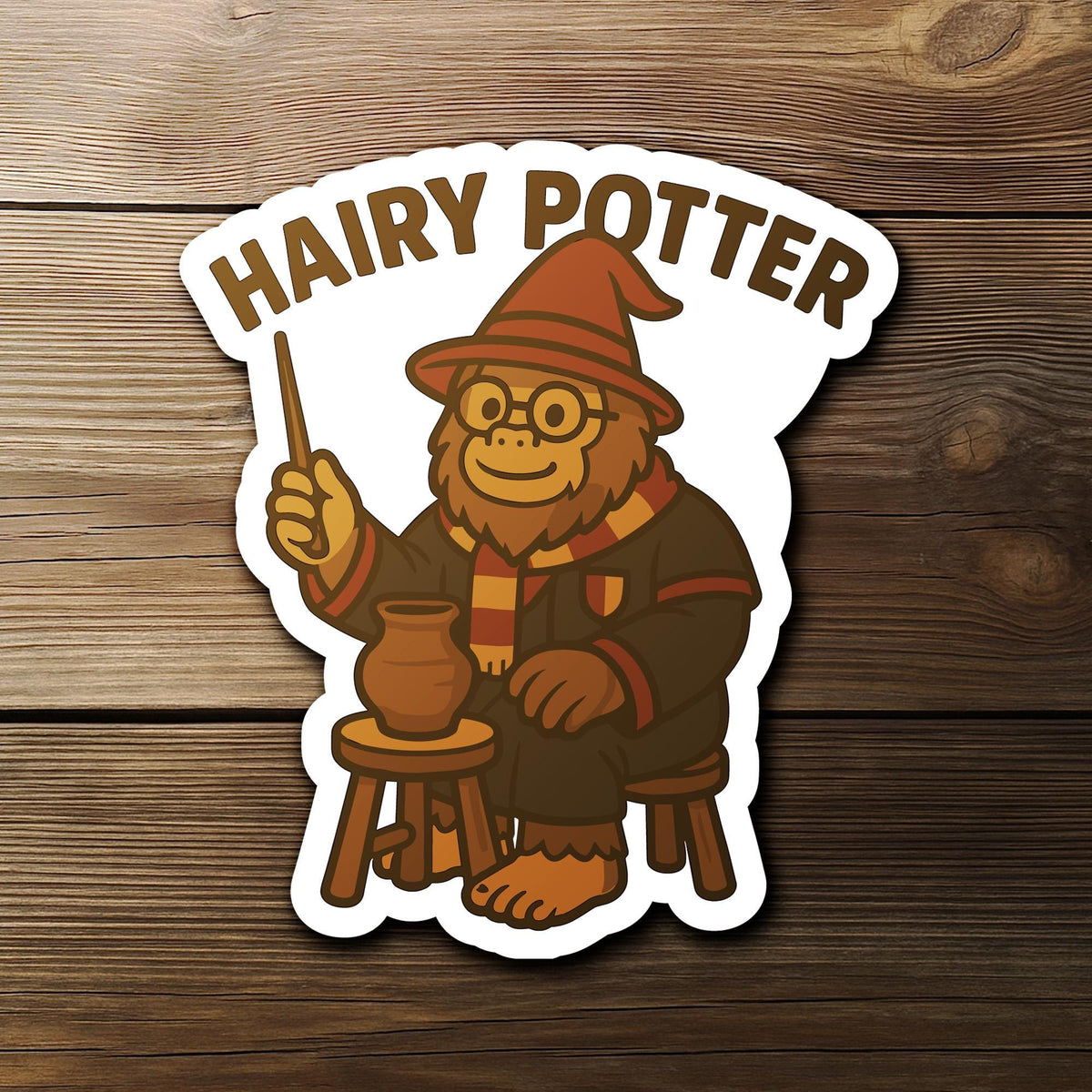 Hairy Potter sticker, magical sasquatch making clay art