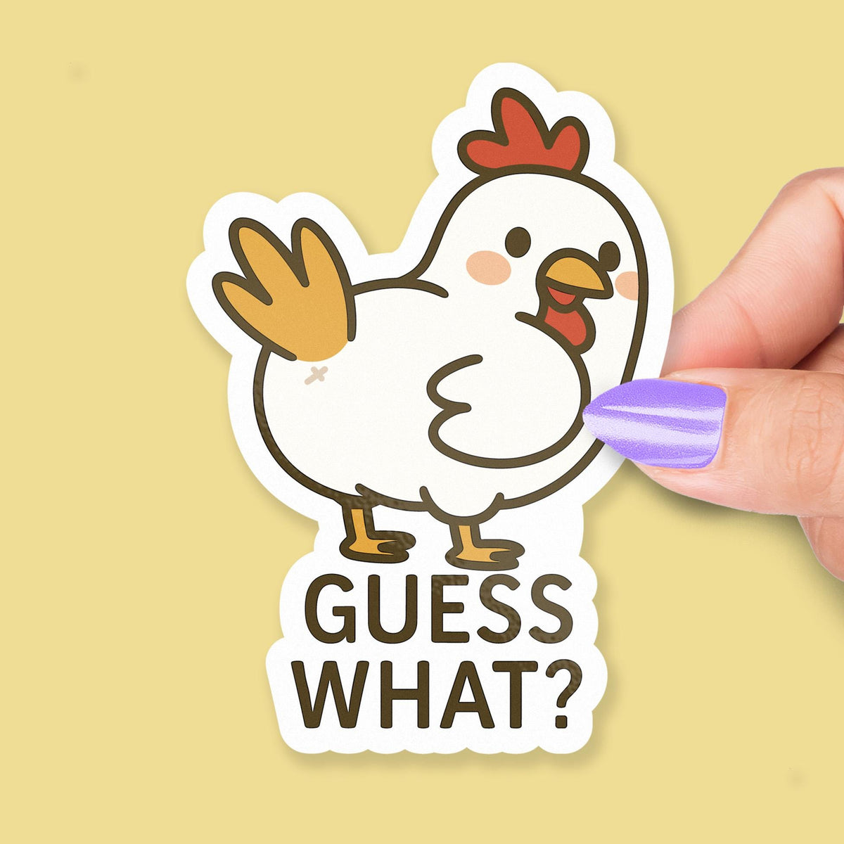 Guess What Chicken sticker, funny animal pun – view 2
