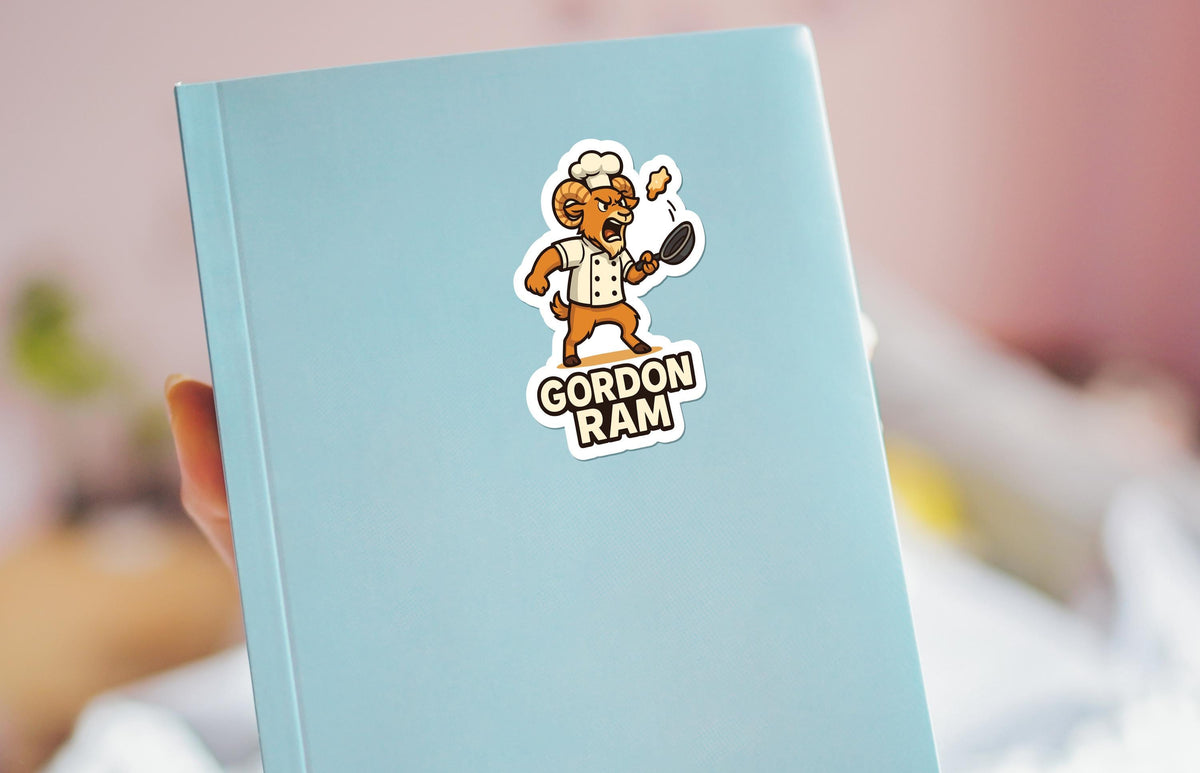 Gordon Ram sticker, angry ram chef yelling with flying chicken – view 4
