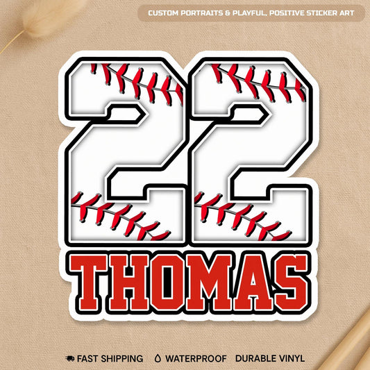Custom baseball sticker with a white stitched number and a red block name