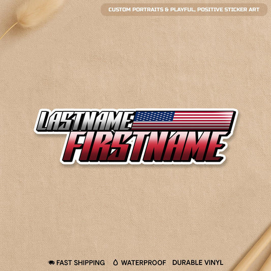 Custom racer name sticker with a country flag accent
