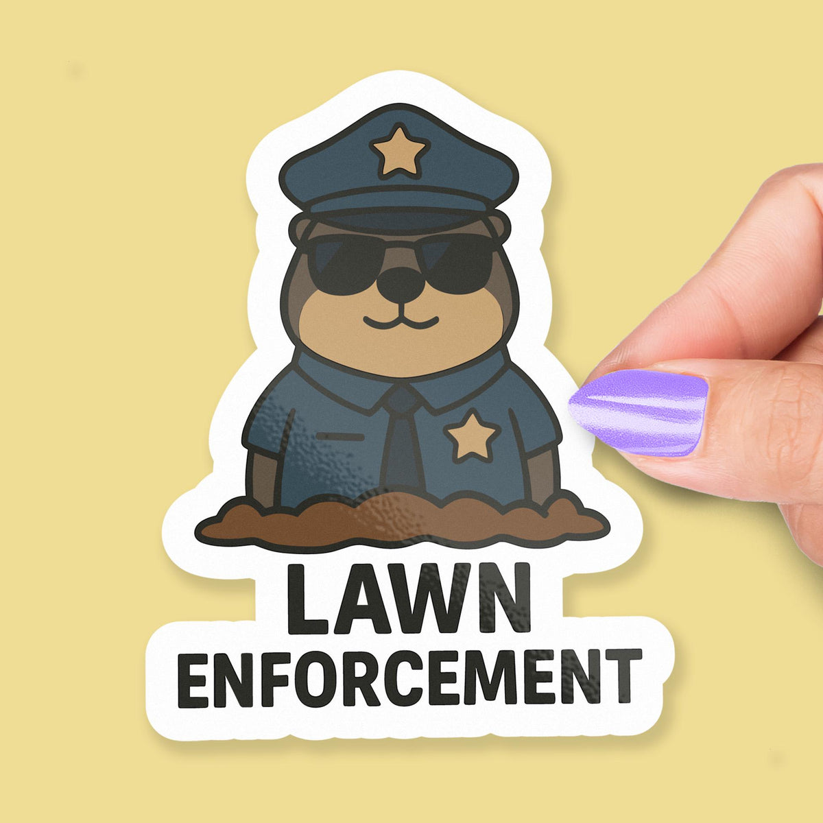 Lawn Enforcement Mole sticker, funny police pun design – view 3