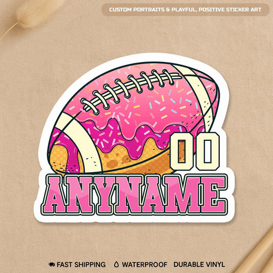 Custom football mom sprinkles drip sticker with a name and number in two colors
