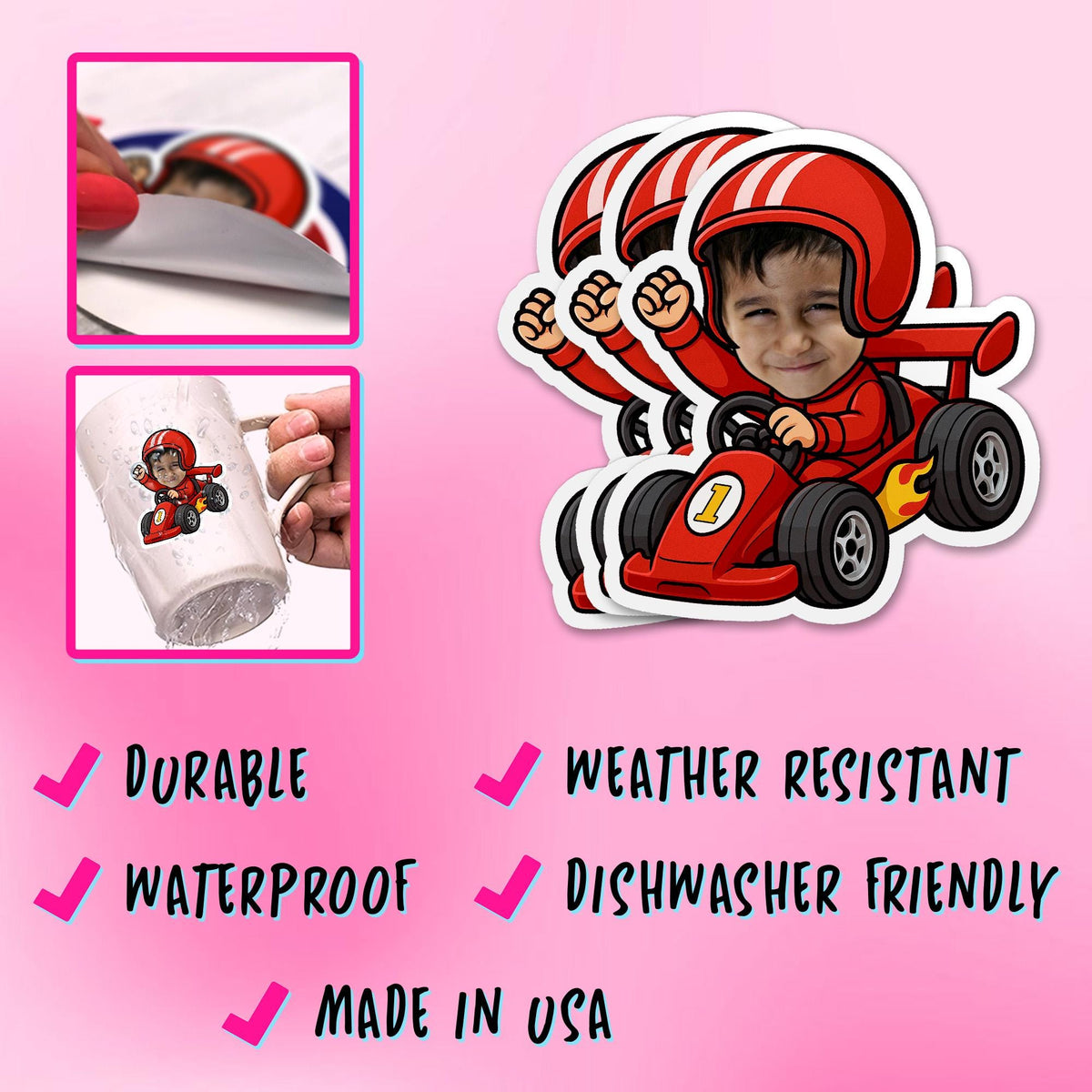 Custom Kid Face Race Car Sticker by Stickreews — view 3
