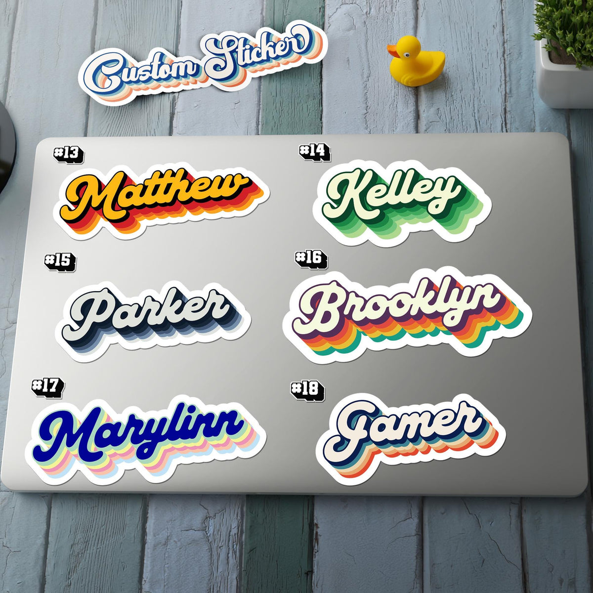 Custom Retro Script Name sticker, 70s style name label – view 3