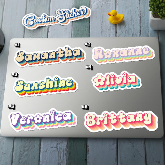 Custom Retro Flower Name sticker, retro bubbly name label with rainbow drop shadow