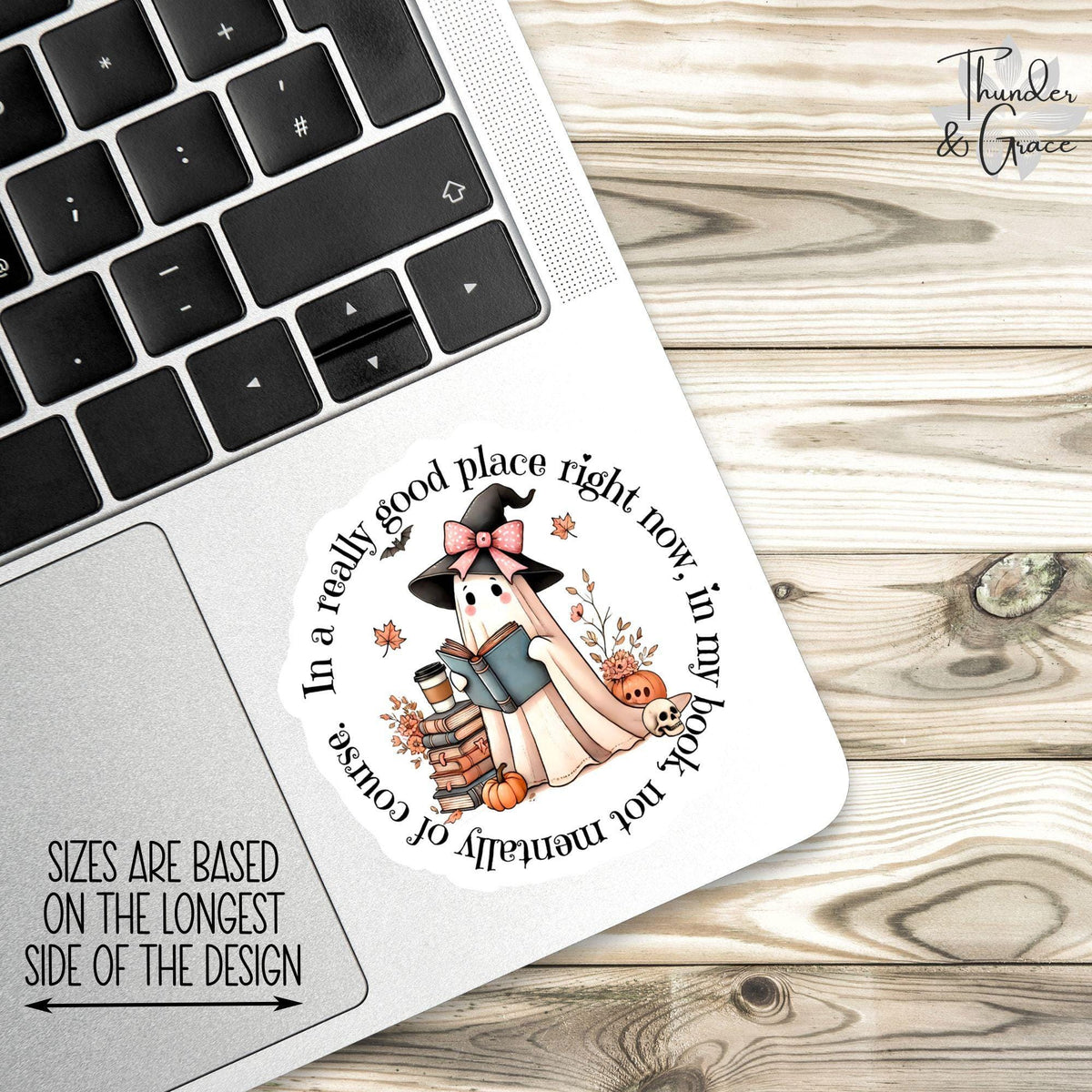 In a Really Good Place Right Now sticker, cute ghost reading – view 2