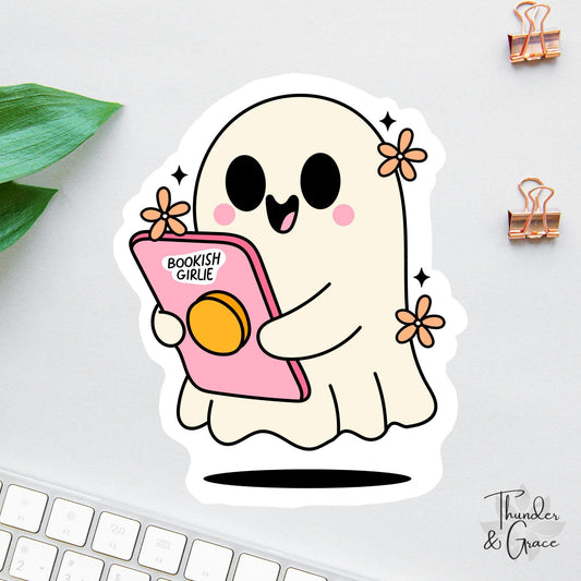 Bookish Girly sticker, cute ghost reading