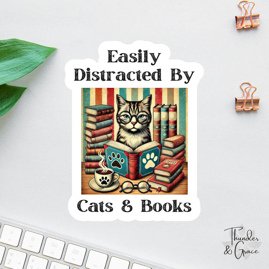 Easily Distracted by Cats and Books sticker, funny cat books coffee