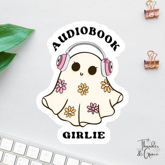 Audiobook Girlie sticker, cute ghost reading