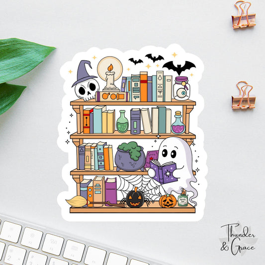 Spooky Halloween Ghost Library sticker, easily distracted by books