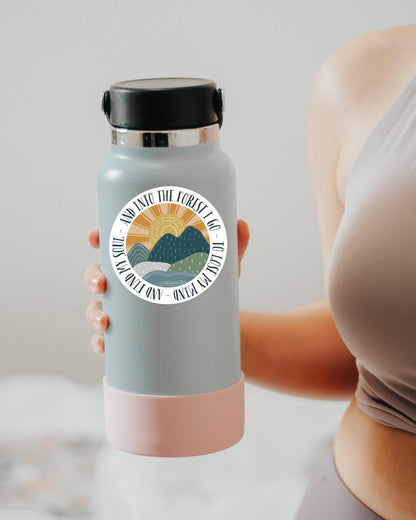 And Into the Forest I Go sticker, boho mountain sunset – view 2