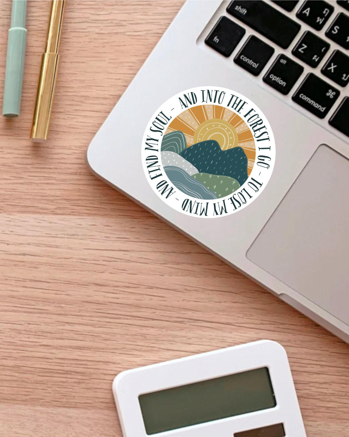 And Into the Forest I Go sticker, boho mountain sunset – view 3
