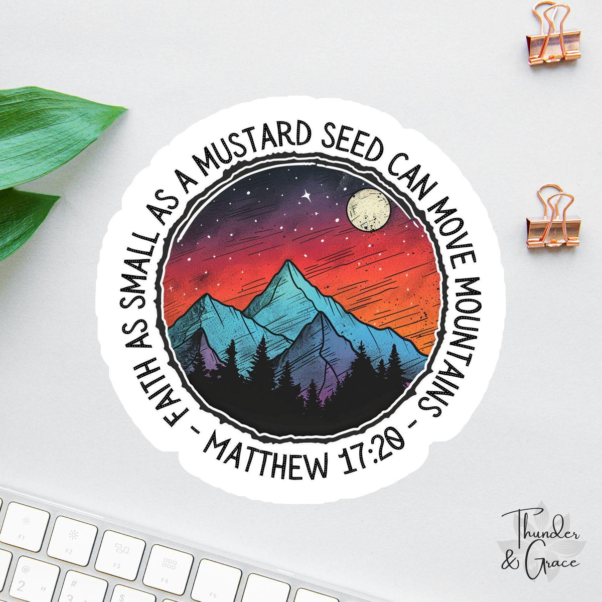 Mustard Seed Faith sticker, starry night mountains