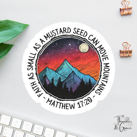 Mustard Seed Faith sticker, starry night mountains