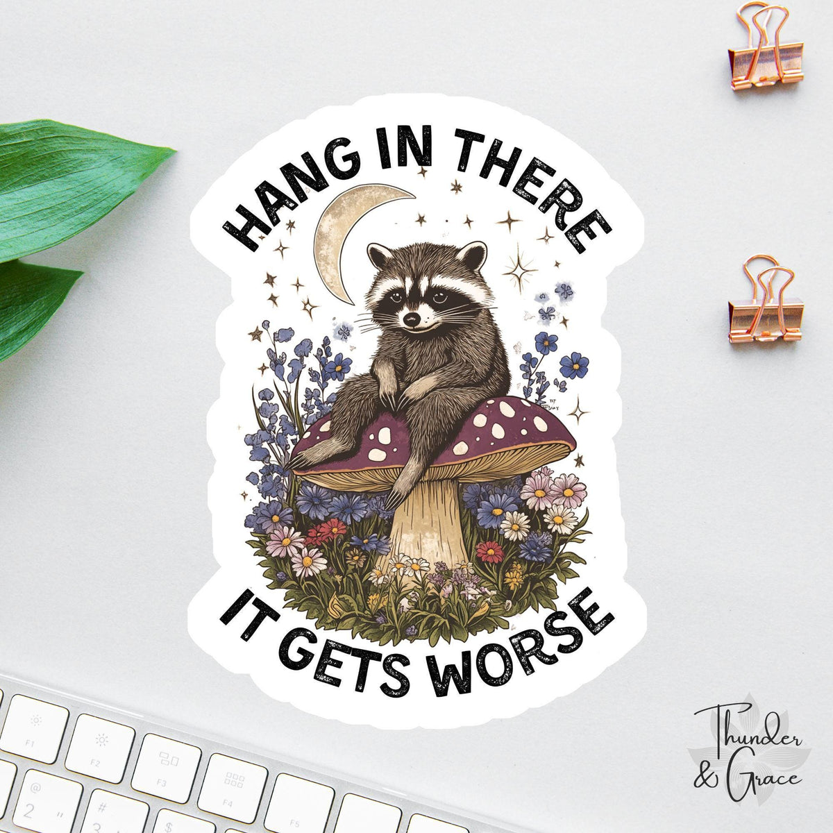 Hang in There It Gets Worse sticker, vintage raccoon