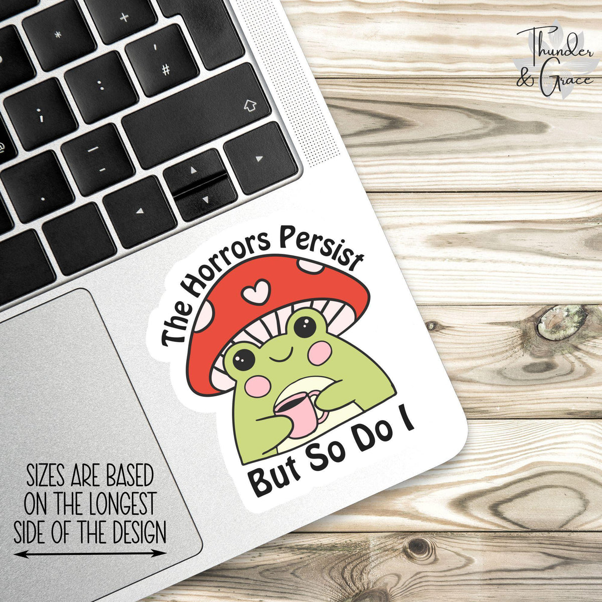 The Horrors Persist But So Do I sticker, retro frog coffee lover – view 2