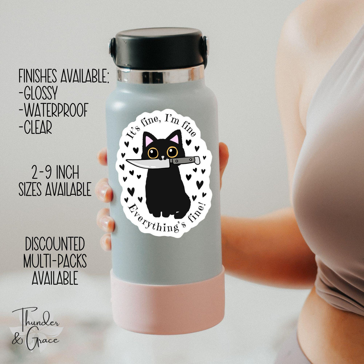 I'm Fine Everything's Fine sticker, black cat with knife – view 3