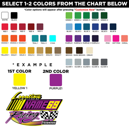Custom checkered flag racing sticker with name, number, team and location – view 2